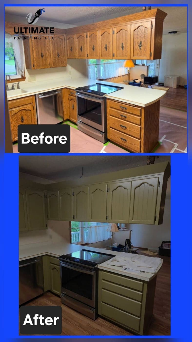 Before and after of a kitchen: dated oak cabinets repainted a modern sage green