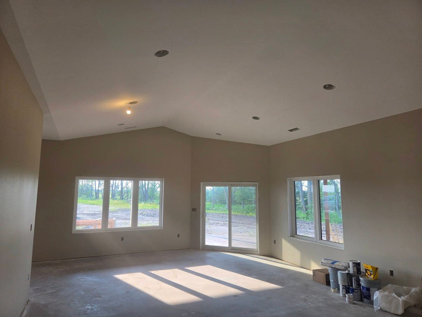 Freshly painted new-construction living room with a vaulted ceiling and sunlight through the patio door